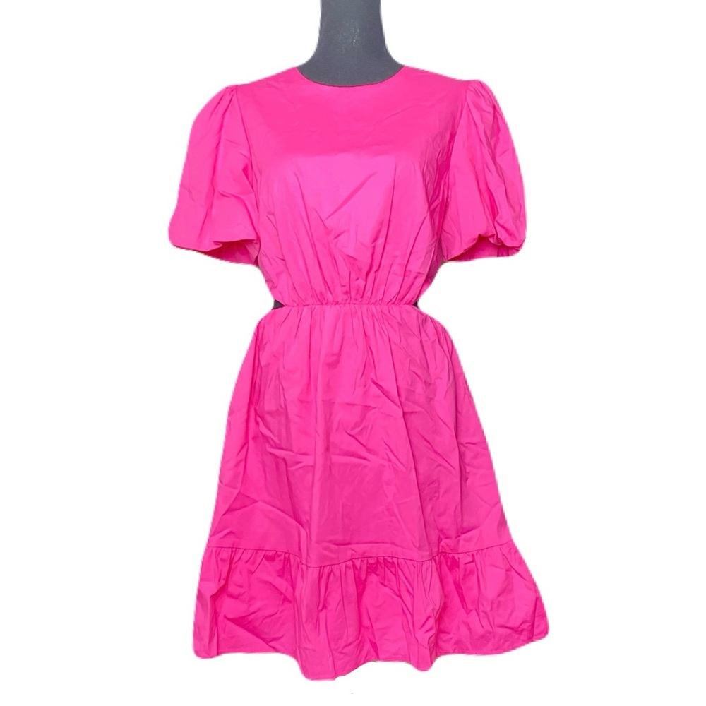 WAYF Hot Pink Puff Sleeve Cutout Mini Dress Size M NWT - Picture 3 of 7